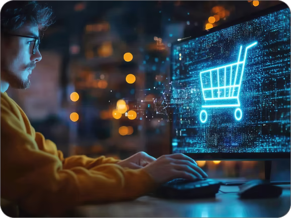 Ecommerce development services by Techpullers - woman shopping online using laptop and mobile with secure payment checkout, showcasing Shopify, WooCommerce, and Magento solutions.