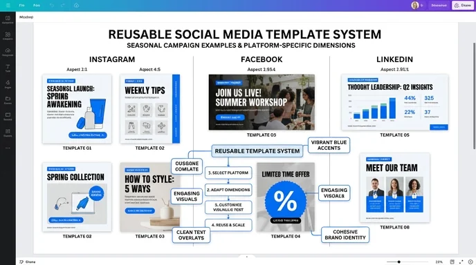 Social media graphics and templates — Instagram, Facebook, LinkedIn, Pinterest carousels and reusable template systems
