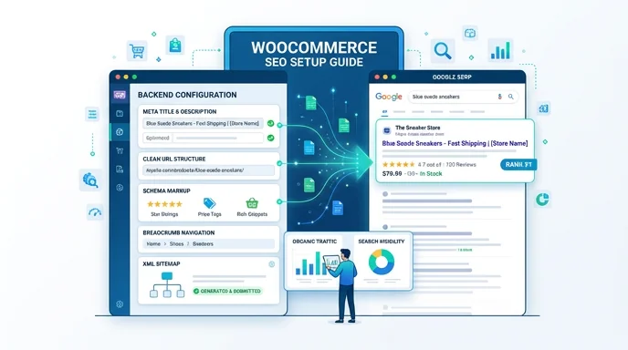 WooCommerce SEO setup — XML sitemaps, robots.txt, breadcrumb schema, keyword strategy, indexation control and unique product metadata for organic visibility