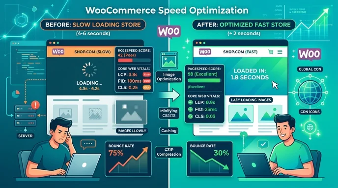 WooCommerce speed optimization — minified CSS/JS, lazy-loaded images, CDN, server-side caching with Redis/Memcached and database tuning for sub-2s loads