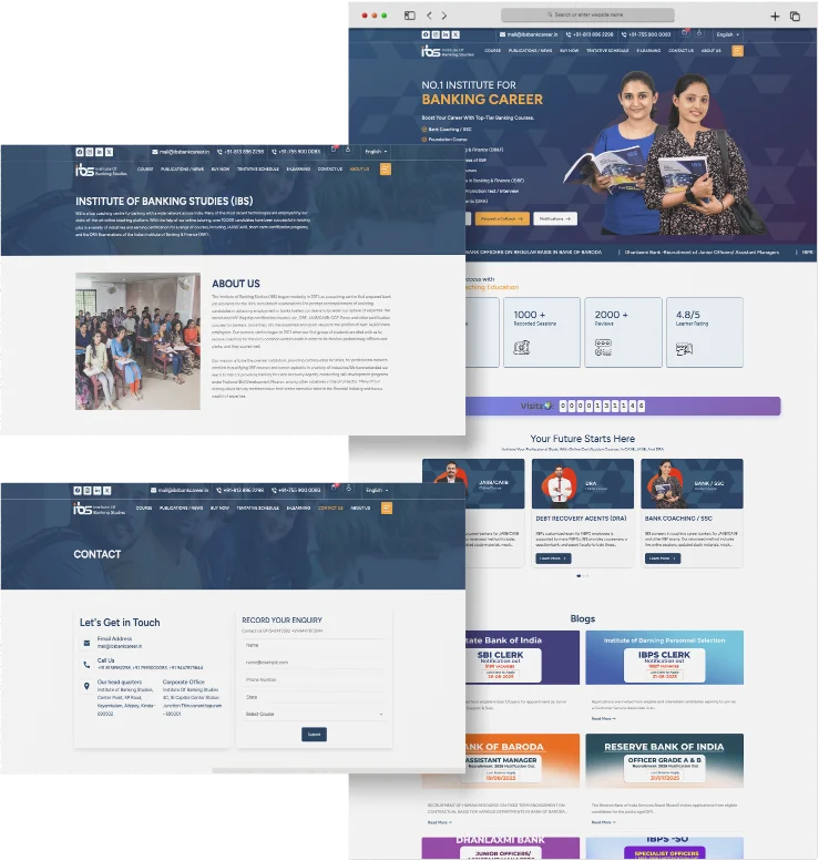 Custom web design and development work in Kerala portfolio example of banking career institute website with homepage, about us, and contact pages